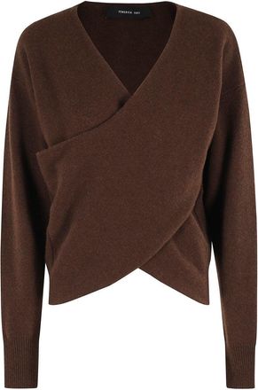 Federica Tosi Wrap Style V-Neck Knit Sweater In Rich Brown