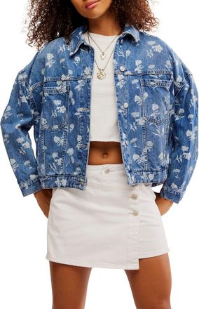 Free People Opal Floral Swing Denim Jacket in Fallen Daisy at Nordstrom, Size X-Large