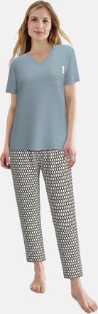 Tom Tailor Pyjama TOM TAILOR, Damen, Gr. 36, blau, mittel, allover, Single Jersey, Obermaterial: 95% Baumwolle, 5% Elasthan, bequem, V-Ausschnitt, gerader Abschl