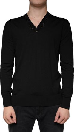 Dolce & Gabbana Mens Embellished V-Neck Virgin Wool Sweater Black
