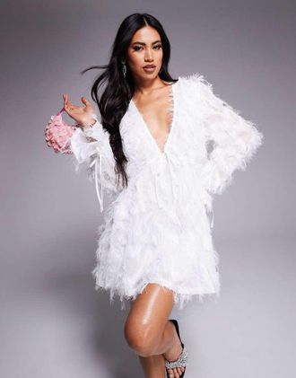 Jaded Rose Rose - Vestito corto babydoll avorio in piume sintetiche-Bianco