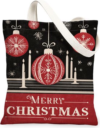 Generic Christmas Ornament Canvas Tote Bags, Holiday Pattern Reusable Grocery Bags, Vintage Lightweight Washable Shoulder Strap Canvas for Outdoor Travel 13x1