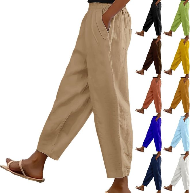 Linen Trousers Womens UK Solid Color Elasticated Waist Trouser Ladies Summer Lounge Pants Plain Loose Fit Capri Pant Casual Straight Leg Bottoms with 