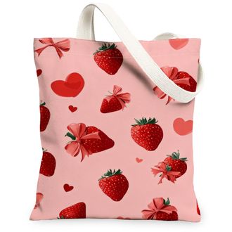 Generic Strawberry Heart Canvas Tote Bags, Cute Berry Pattern Reusable Grocery Bags, Spring Chic Lightweight Washable for Shopping, Peach, 13x15 Inch