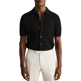 Reiss Thames Pointelle Knit Short Sleeve Button-Up Shirt in Black at Nordstrom Rack, Size X-Small