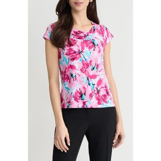 Kasper Floral Cowl Neck Cap Sleeve Top in Lily White Multi at Nordstrom, Size X-Large