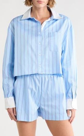 French Connection Long Sleeve Stripe Double Collar Button-Up Shirt in Blue Multi Stripe at Nordstrom Rack, Size X-Small
