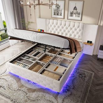 Matteo King Size Velvet Bed Frame - LED, USB-C, Storage, Beige