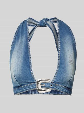 Juicy Couture Crop Top mit Ziersteinbesatz und Dornschlie&szlig;e in Jeansblau, Gr&ouml;&szlig;e XS