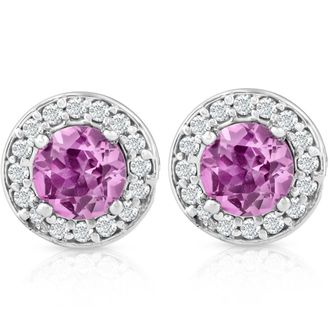 Pompeii3 5/8ct Halo Diamond Pink Sapphire Studs 14K White Gold