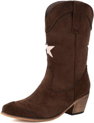 Generic Womens Western Cowboy Boots, Elegant Mid-Calf Suede Boots with Star Patch And Low Block Heel Slip-On Shoes Comfortable Round Toe Cowboy Boots for Autu
