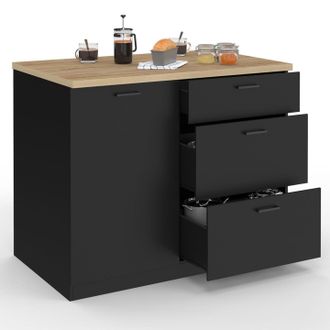 IDMarket Isola Centrale Tibo 110 Cm Con 3 Cassetti In Legno Nero E Piano Di Lavoro Effetto Faggio