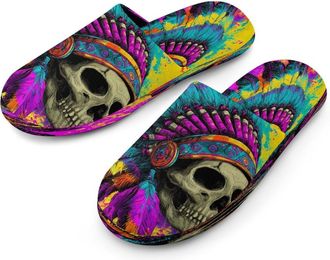 Generic Native Indian Skull Mens Cozy Memory Foam Slippers Warm Cotton House Shoes Comfy Slipper for Indoor Outdoor