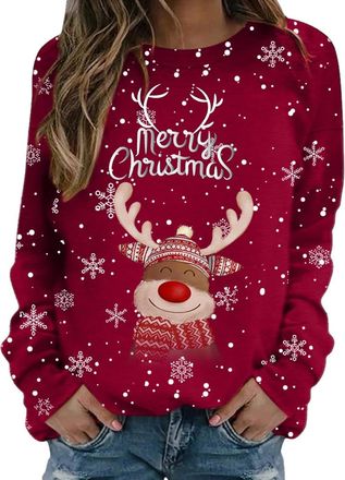Generic Ladies Christmas Jumpers Christmas Sweatshirt For Women Cute Reindeer Print Sweatshirt Loose Funny Xmas Jumpers Long Sleeve Crewneck Shirt Ladies Fash