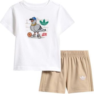 adidas 3-Stripes Woven T-Shirt & Shorts Set in White/Brown Multi at Nordstrom, Size 24M