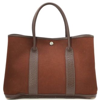 Herm&egrave;s Garden Brown Toile Officier Leather Handbag Tote Bag (Pre-Owned)