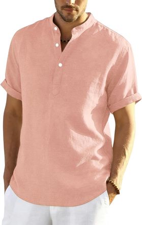 Generic Linen Shirts Men Short Sleeve Summer Beach Hawaiian Shirts With Pockets Fashion Grandad Collar Collarless Henley Tshirts Men Uk Button V Neck Cotton L