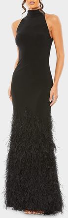 Mac Duggal Feathered Jersey Halter Gown