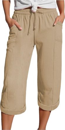 Generic Linen Trousers Womens Drawstring Elastic Waist Summer Lightweight 3/4 Trousers with Pockets Causal Loose Comfortable Fabric Sport Leisure Beach Hiking