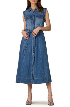 Wit & Wisdom Sleeveless Tie Belt Cotton Denim Shirtdress in Mid Blue at Nordstrom, Size X-Large
