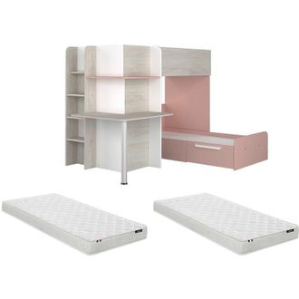Vente-Unique Letto a castello ad angolo con Scrivania + Materasso 2 x 90 x 190 cm Grigio, Bianco e Rosa - SAMUEL