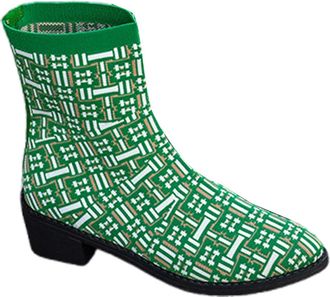 Generic Womens Fashion Knit Stretch Pointed Toe Low Heel Mid Calf Boots Comfortable Casual Booties for Daily Wear Travel Dating Outfits(Green, 6.5)