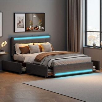 OEM Cama Doble 140x200 Cm - Led Rgb - 4 Cajones - Tela De Lino - Dise&ntilde;o Moderno Gris