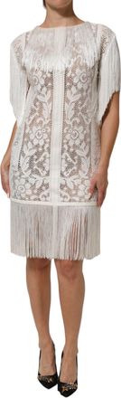 Dolce & Gabbana White Floral Lace Fringe Knee Length Womens Dress