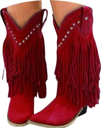 Generic Cowboy Boots for Women,Fringed Boots for Women Uk,Retro Style Knee High Cowboy Booties,Ethnic Retro Fringe Rivet Slip on Wide Mid Calf Knight Riding B