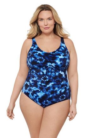 Aqua Green Plus Size Cinch V-neck Side Shirred One-Piece Swimsuit in Chic Tie Dye at Nordstrom, Size 1X