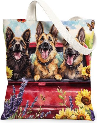 Generic Spring French Bulldog Dog Canvas Tote Bag for Shopping 13x15, Truck Garden Daisy Scenic Puppy Reusable Grocery Print Bag for Women, Pet Beach Aestheti