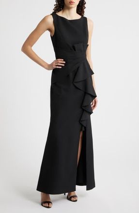 Eliza J Ruffle Front Gown in Black at Nordstrom, Size 16