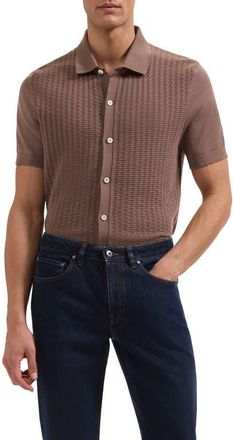 Bugatchi Basket Weave Knit Short Sleeve Cotton Full Button Cardigan in Tobacco at Nordstrom, Size Xx-Large
