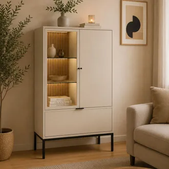 Dmora Vitrina Lolamaha, Mueble Expositor 3 Estantes, Un Caj&oacute;n, 2 Puertas, 76x40x116h Cm Beige