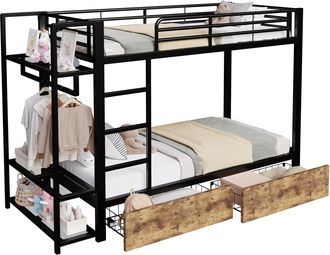 STILVORA Cama Alta 90 X 200 Cm Con 2 Cajones, Estantes, Led Y Perchero, Sin Colch&oacute;n, De Metal, Negro