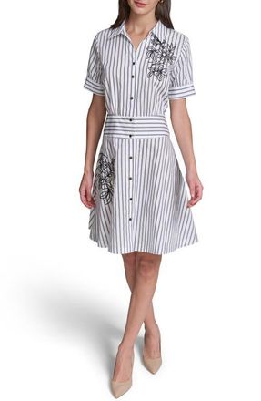 Karl Lagerfeld Floral Embroidery Detail Stripe Cotton Shirtdress in Soft White/Midnight Navy at Nordstrom, Size 16