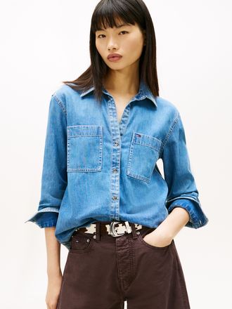 Tommy Jeans Jeansbluse TOMMY JEANS REGULAR FIT SHIRT, Damen, Gr. XL (42), denim medium, Denim/Jeans, Obermaterial: 76% Baumwolle, 24% Lyocell, unifarben, regular 