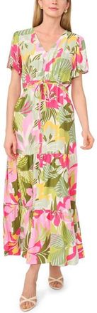 Vince Camuto Print Tie Waist Tiered Maxi Dress in Flamingo Pink at Nordstrom, Size X-Large