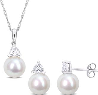 Mimi & Max 8-8.5mm Cultured Freshwater Pearl 1ct TGW Created White Sapphire Jewelry Set 10k White Gold