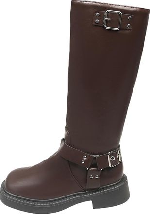 Generic Womens Autumn Winter Mid Calf Boots Fashion Solid Color Lace Up Side Zipper Knee High Riding Boots Comfortable(Brown, 3.5)