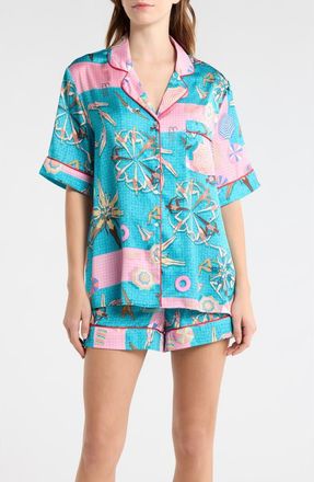 Karen Mabon Swimmers Piped Satin Pajamas in Teal/Pink at Nordstrom, Size X-Large