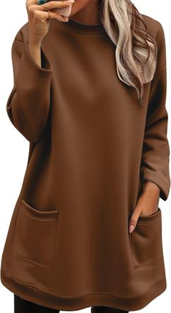 Generic Sweatshirts for Women Casual Longline Crewneck Long Sleeve Pullover Tops with Two Pockets Oversized Loose Fit Loungewear(Coffee, XXL)