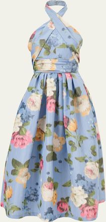 Carolina Herrera Floral Crisscross Halter Midi Dress