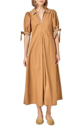 English Factory Contrast Stitch A-Line Midi Dress in Brown at Nordstrom, Size X-Small