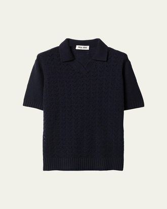 Miu Miu Pointelle Cashmere Knit Short-Sleeve Polo Sweater