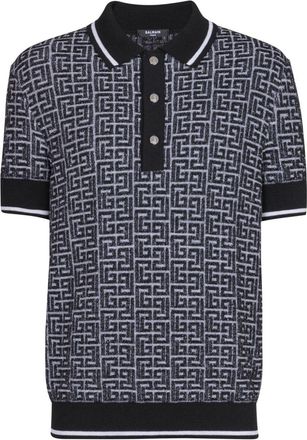 Balmain Labyrinth-Intarsia Polo Shirt - Mens - Polyamide/Merino/Linen/Flax