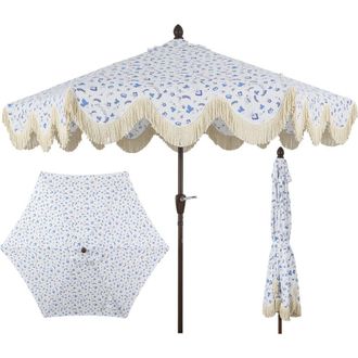 Jonathan Y Designs Collins 9 ft. Classic Cottage Fringe Tassel Market Patio Umbrella with Auto-Tilt Crank in Blue/white/cream at Nordstrom