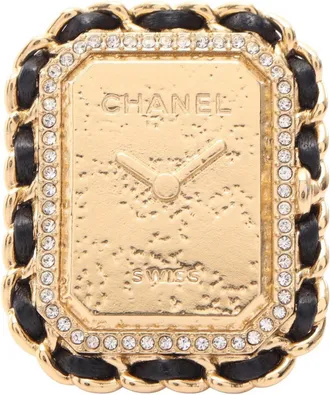 Chanel Gold Black Clear Gold Plating Rhinestone Band Ring (Pre-Owned)