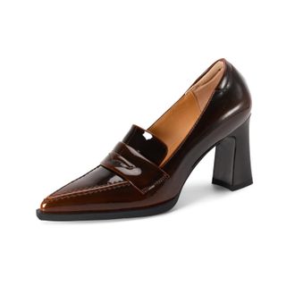 TinaCus Glossy Genuine Leather Womens Pointed Toe High Chunky Heels Slip on Pumps Shoes, Brown, 4 UK