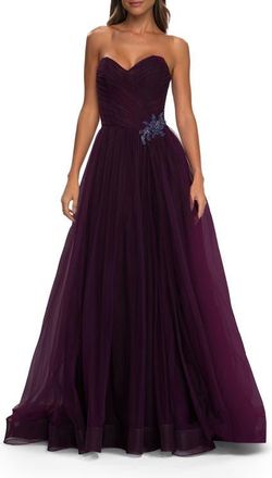 La Femme Strapless A-line Tulle Dress with Floral Waist Detail in Dark Berry at Nordstrom, Size 10